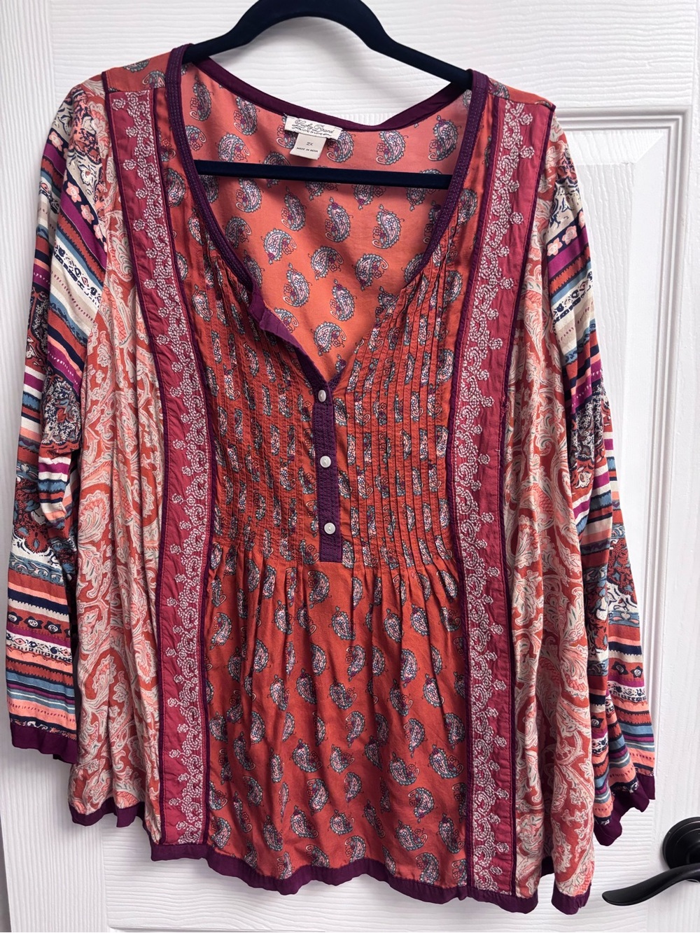 Lucky Brand Rust and Purple Paisley Mixed-Print Peasant Tunic - Picture 1 of 5